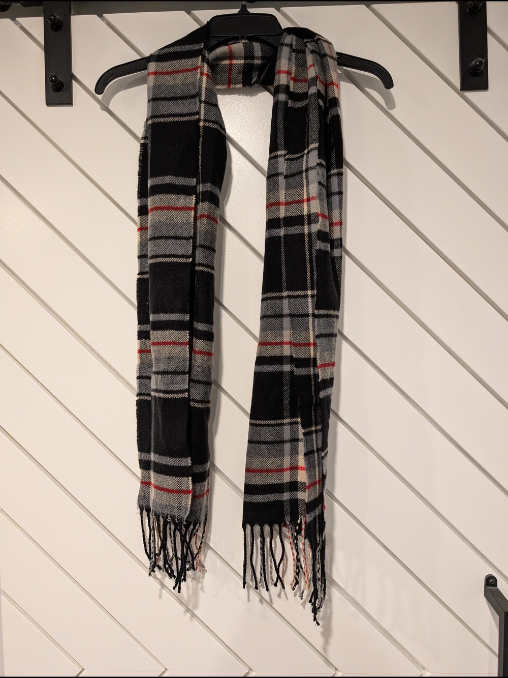 Classic Black & Gray & Red Plaid Fringe Scarf